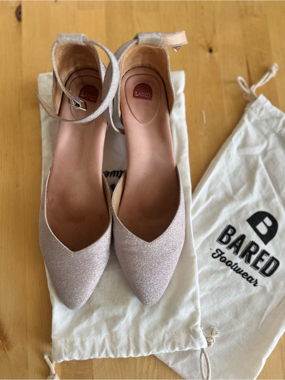 Bared Footwear Women's Sparkle Pointed Ankle-Strap Flats in Light Pink